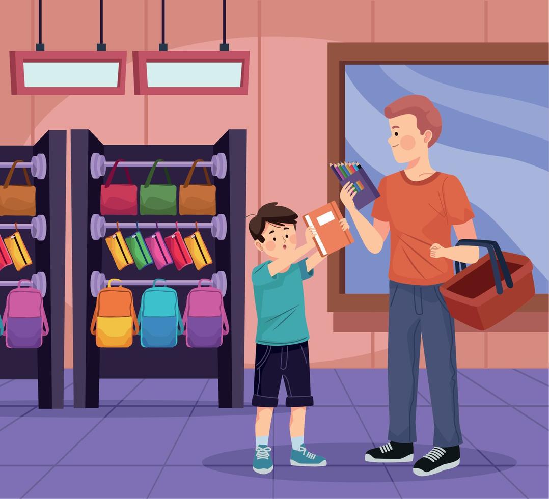 dad and son buying supplies vector