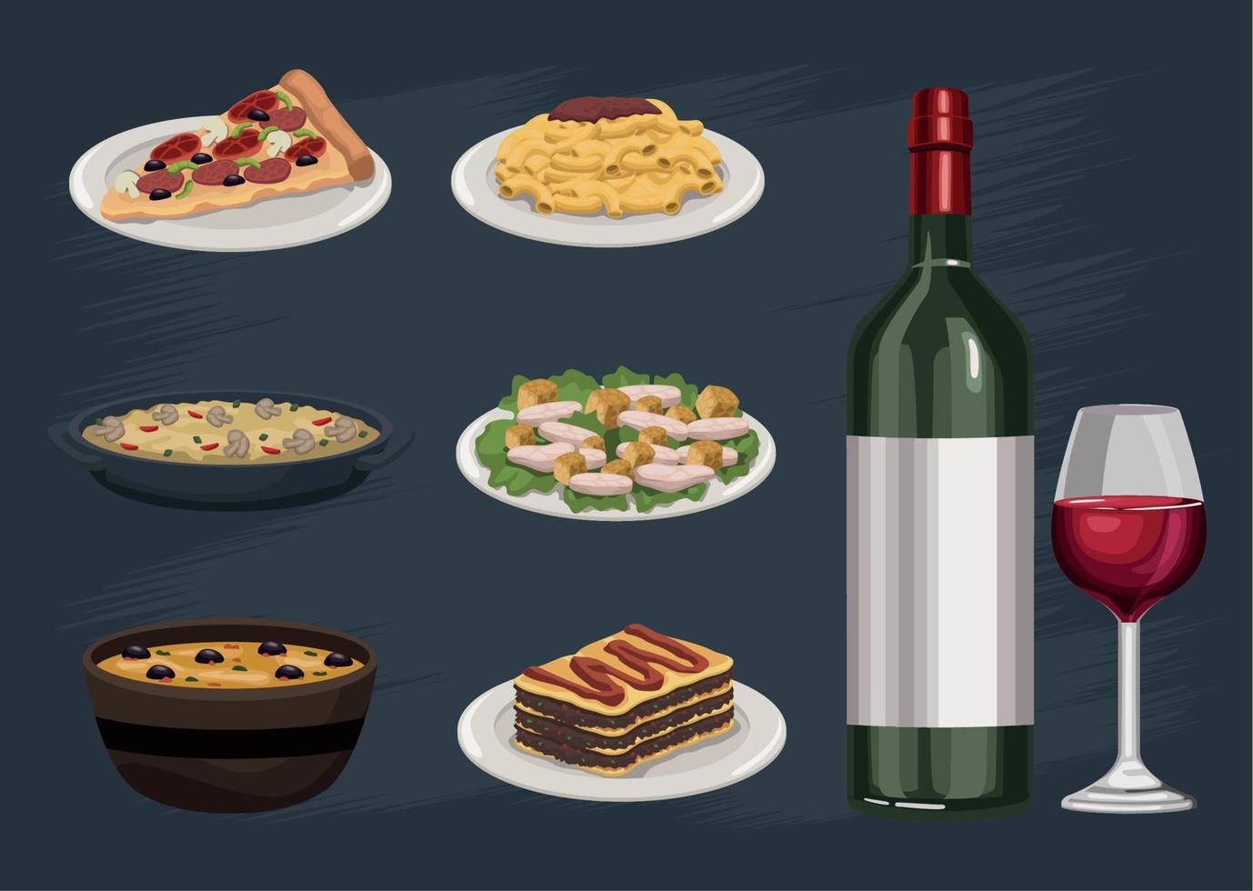 seis platos italianos y vino vector