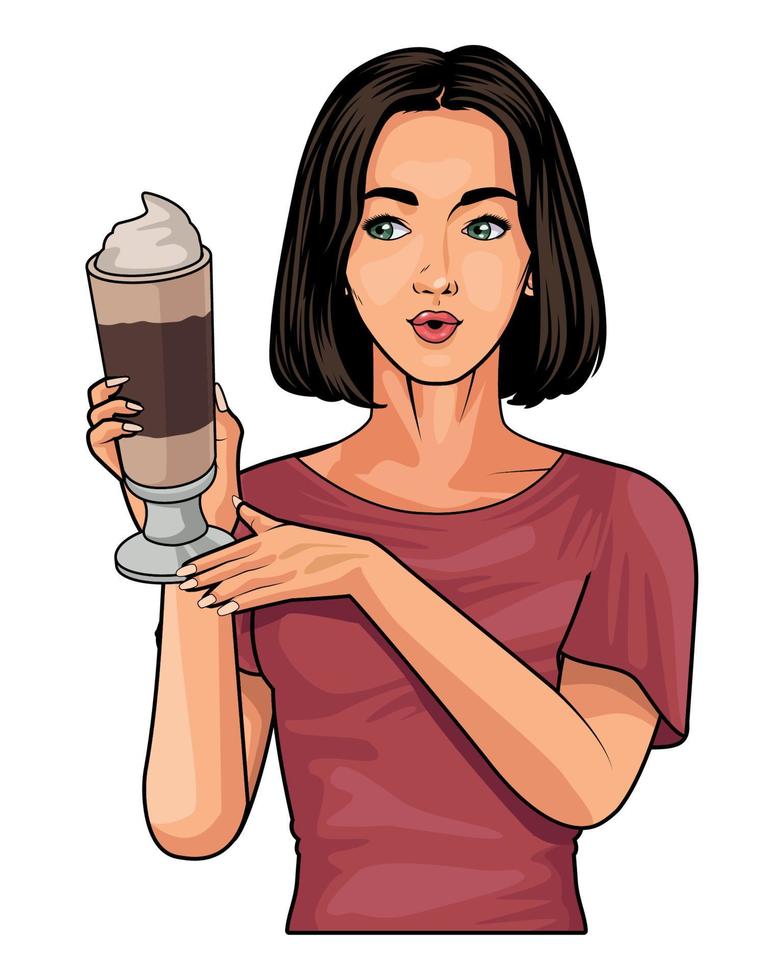 mujer con cafe helado vector