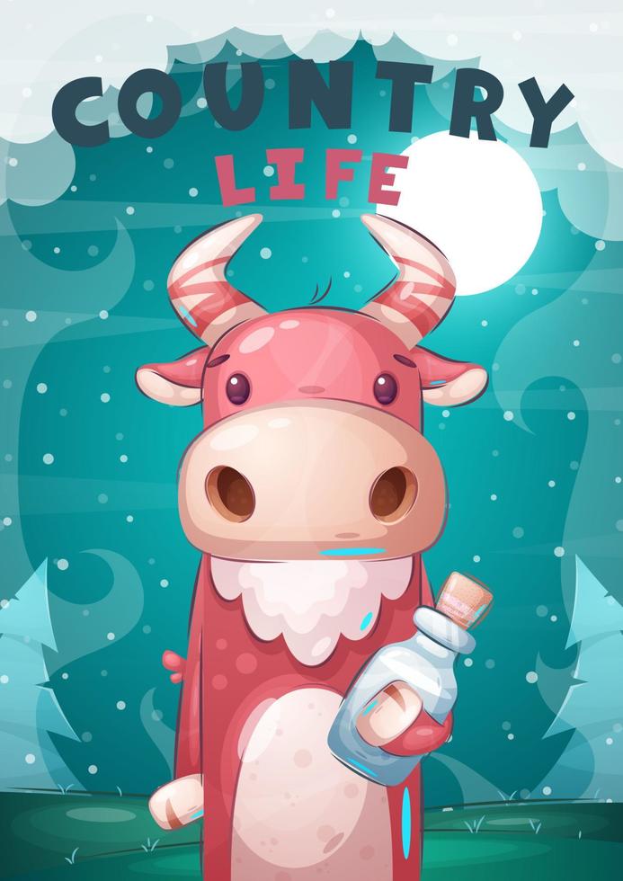 Cartoon character adorable  animal cow with milk bottle vector