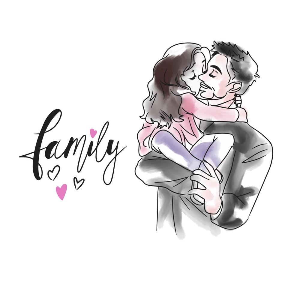 Family, handwritten lettering, cartoon happy family, dad and little daughter hugging vector