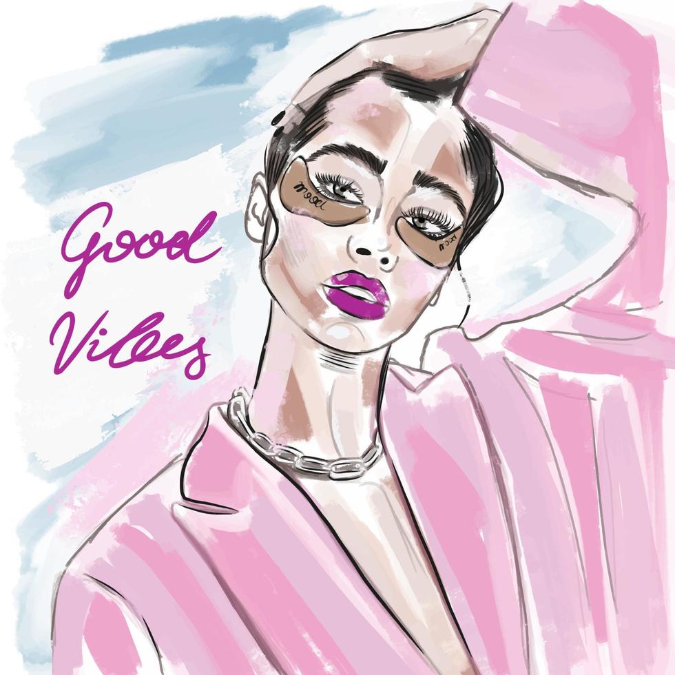 buenas vibraciones, chica elegante con parches en los ojos, chaqueta rosa, moda vector