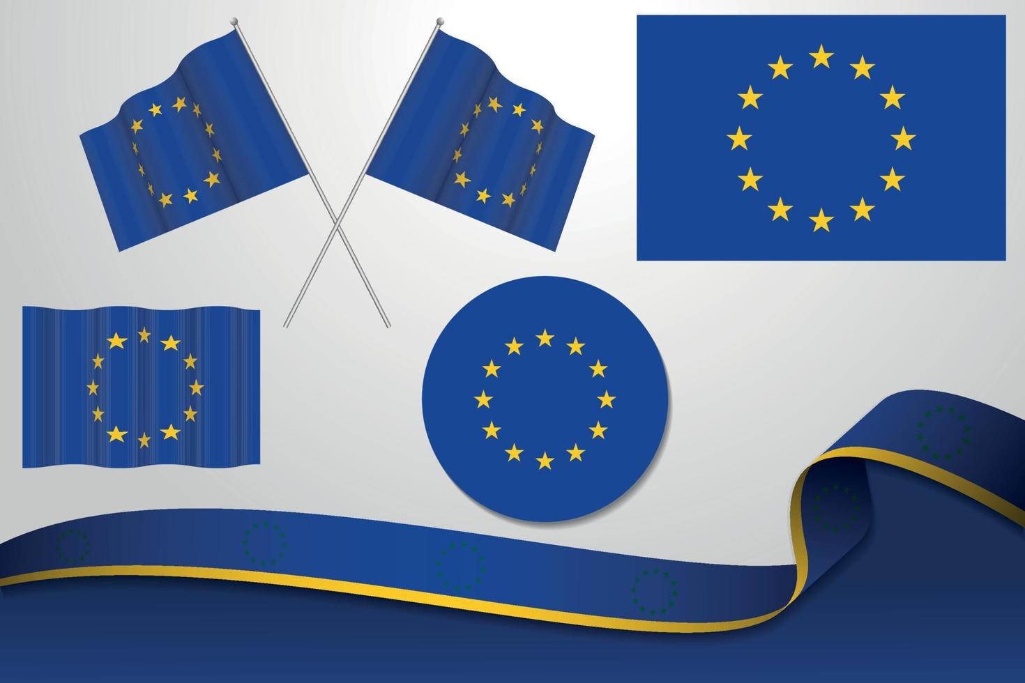 Set Of European Union Flags In Different Designs, Icon, Flaying Flags And ribbon With Background. vector