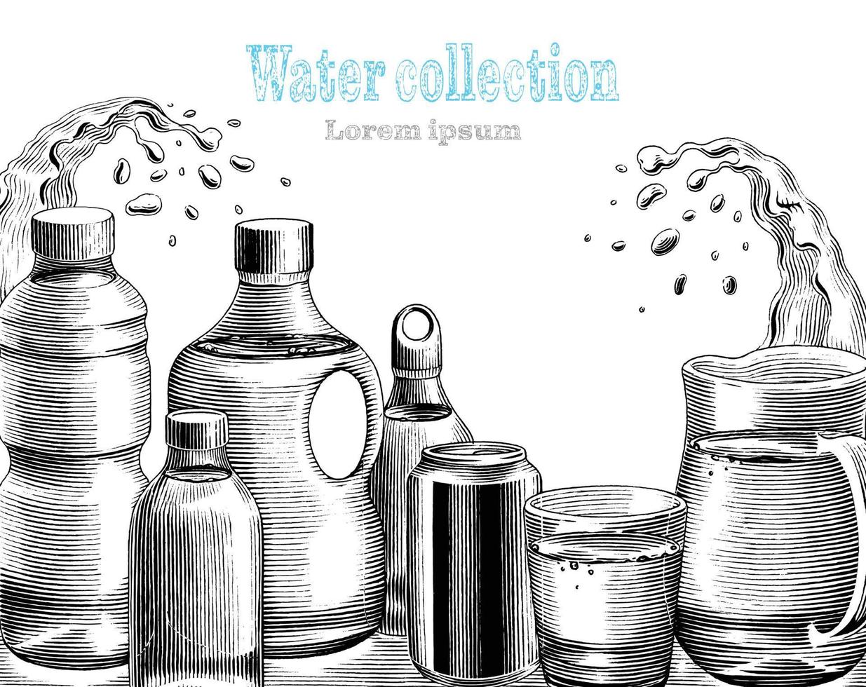 Water collection hand drawing engraving style clip art vector