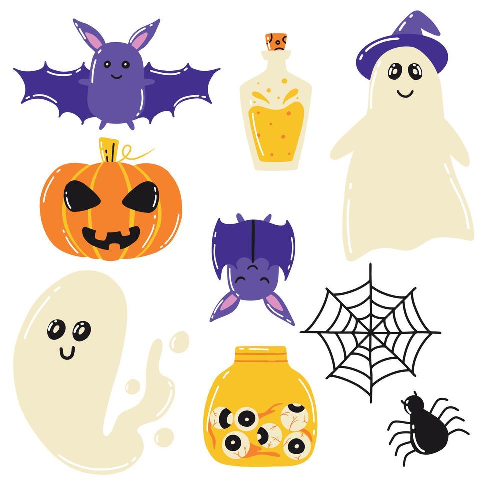 Halloween set. Doodle style. Vector illustration. Terrible collection for Halloween. Ghost, pumpkin, potion, jar with eyes.