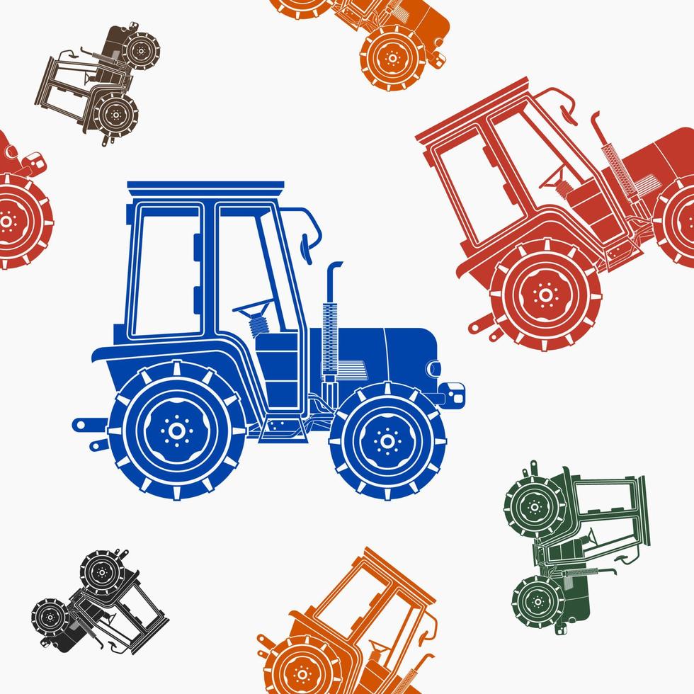 Editable Side View Flat Monochrome Farm Tractors Vector Illustration in Various Colors as Seamless Pattern for Creating Background of Vehicle or Agriculture Related Design