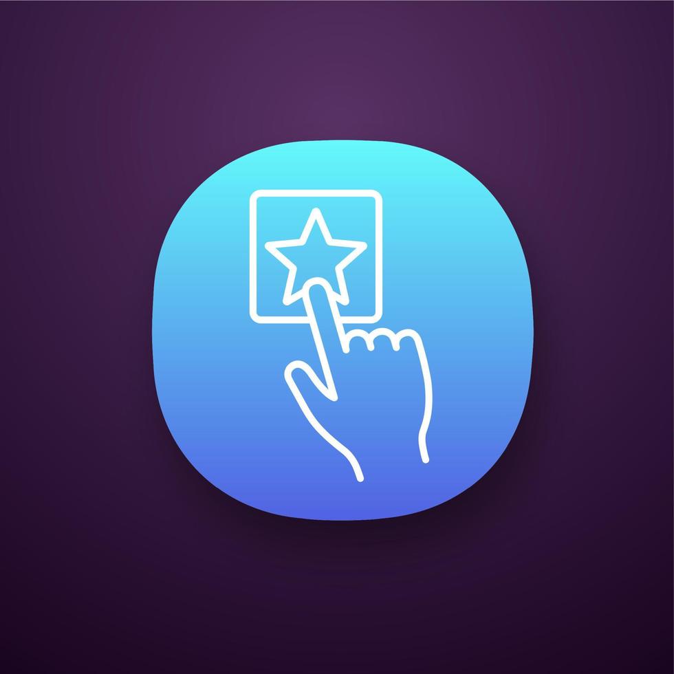 Add to favorite button click app icon. UI UX user interface. Bookmark. Hand pressing button. Web or mobile applications. Vector isolated illustration