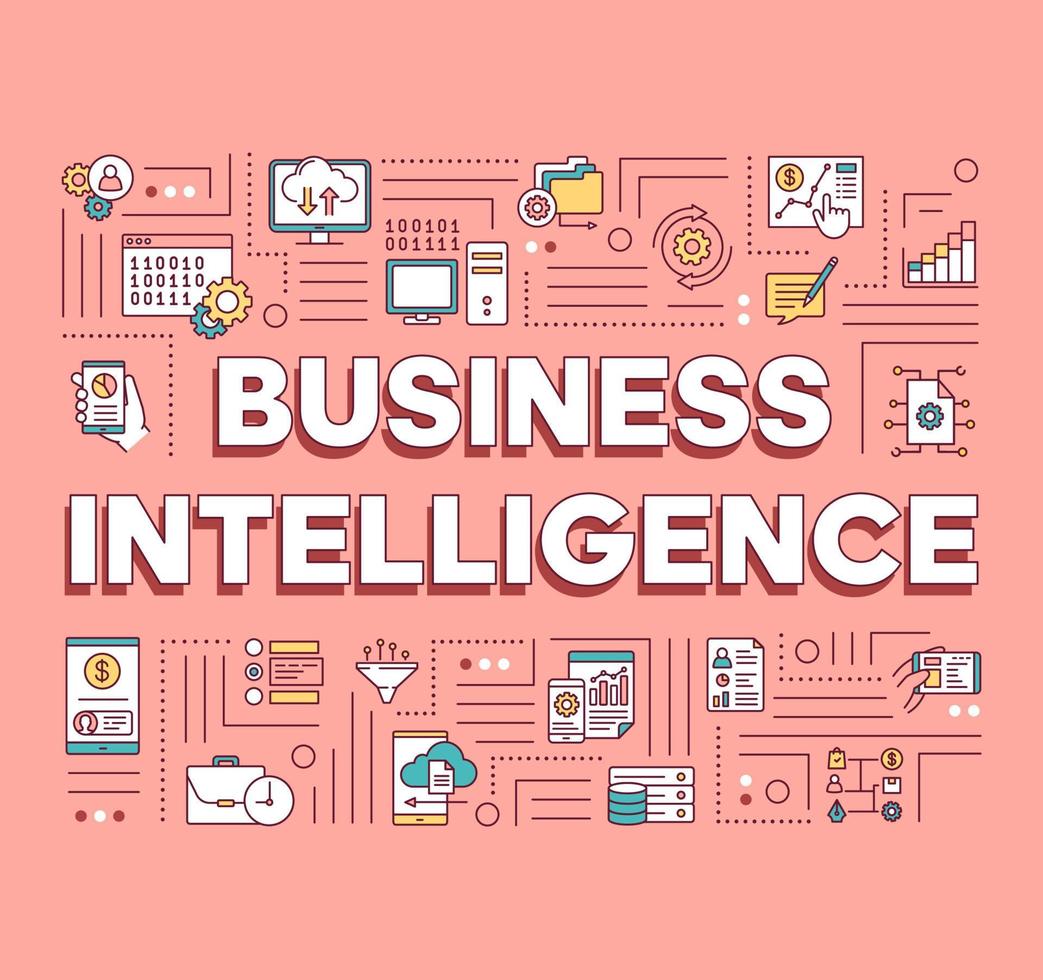 Business Intelligence word concepts banner. Mobile data analyzing. Sales revenue of products. Presentation, website. Isolated lettering typography idea with linear icons. Vector outline illustration