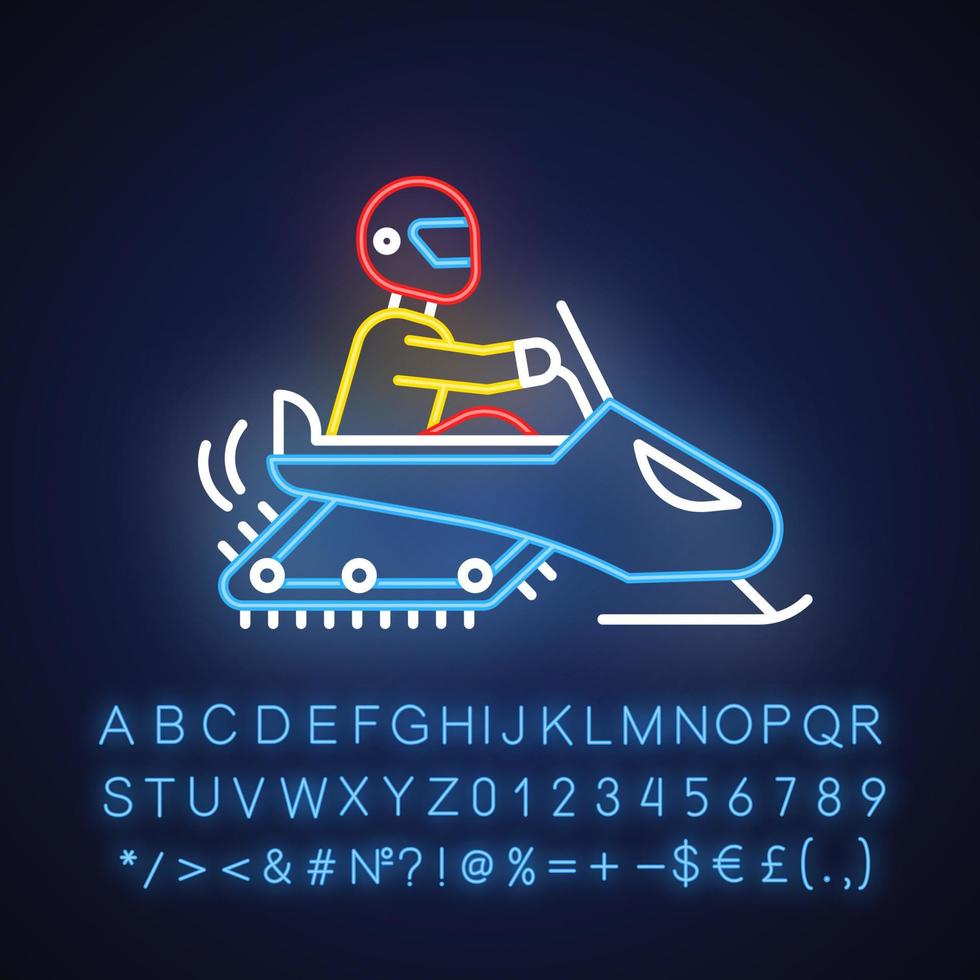 Snowmobiling neon light icon. Winter extreme sport, risky activity and adventure. Snowmobile driving on snow covered surface. Glowing sign with alphabet. Vector isolated illustration