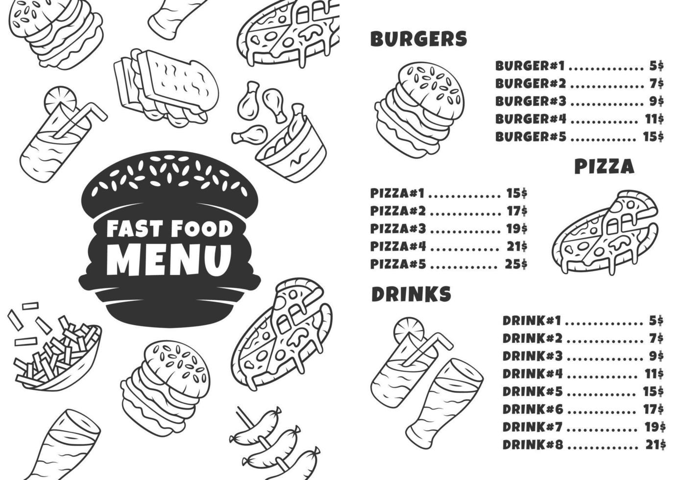 Fast food menu template. Burgers, pizza, beverages. Print design with linear icons. Concept vector illustrations. Restaurant, cafe banner, flyer brochure page with food prices layout