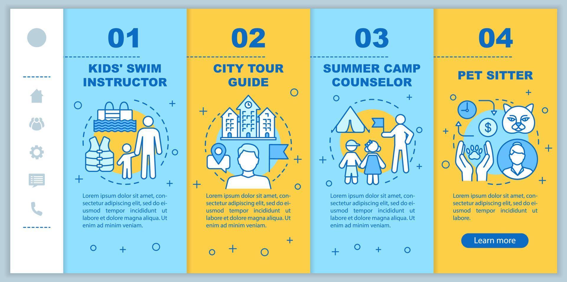 Summer part-time jobs onboarding mobile web pages vector template. Tour guide. Responsive smartphone website interface idea with linear illustrations. Webpage walkthrough step screens. Color concept