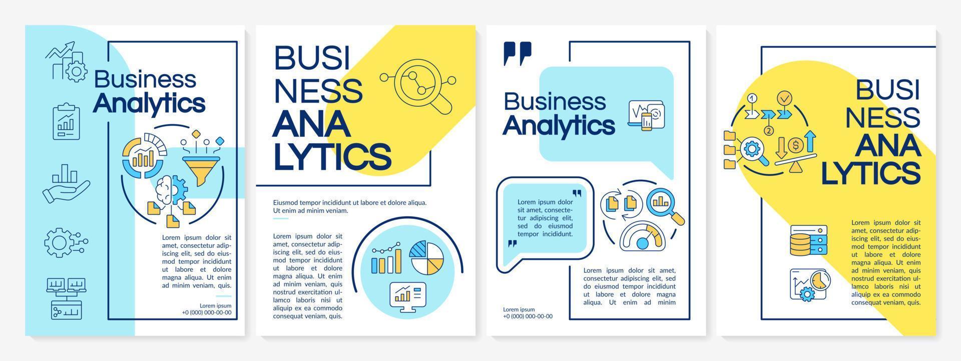 plantilla de folleto azul y amarillo de análisis de datos comerciales. procesos de seguimiento. diseño de folletos con iconos lineales. 4 diseños vectoriales para presentación, informes anuales. vector