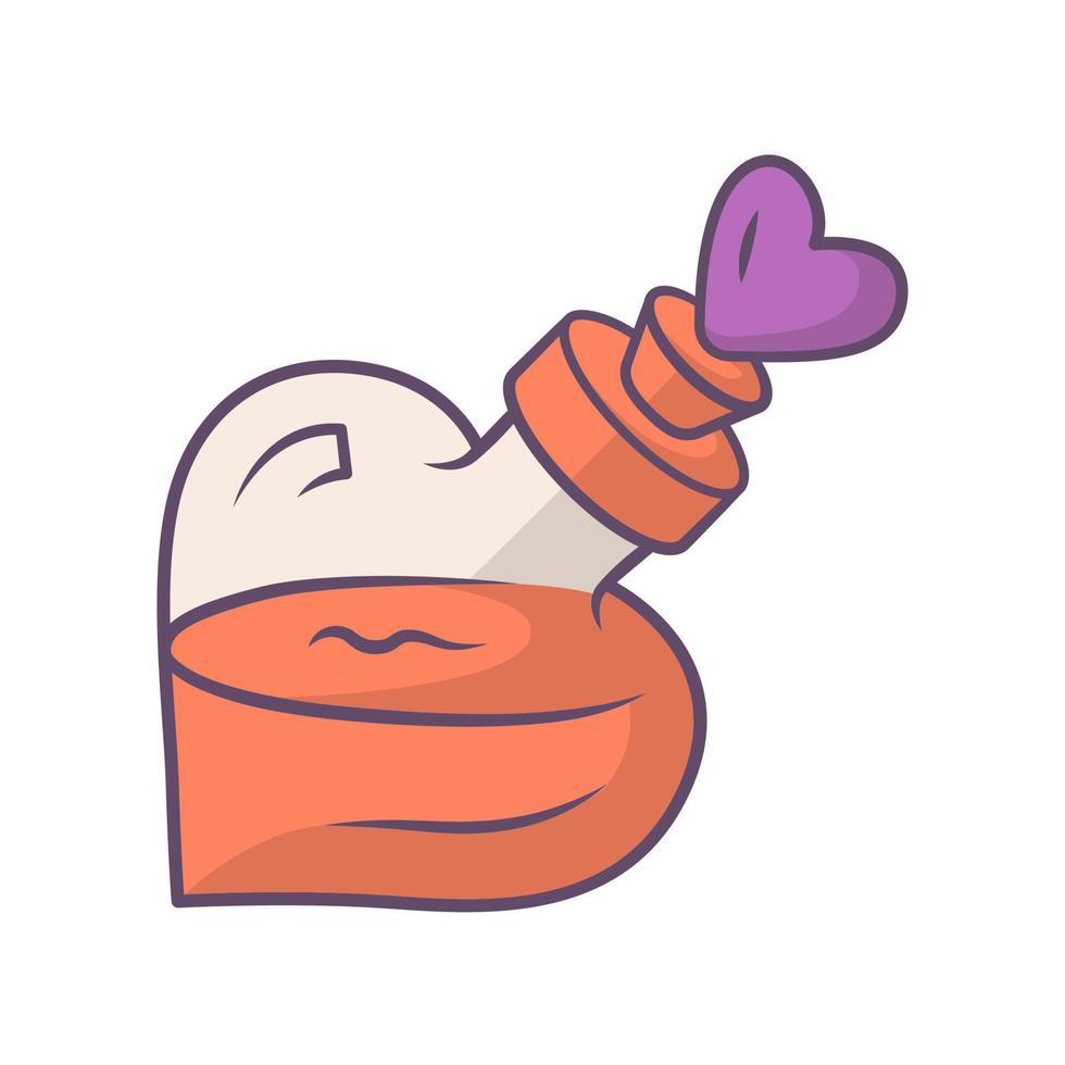 Love potion orange color icon. Philtre. Alchemy and apothecary liquid bottle. Magical elixir, drink, wizard poison in glass flask. Occultism witchcraft spell. Isolated vector illustration