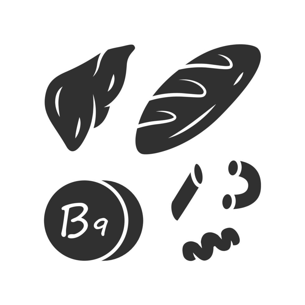 Vitamin B9 glyph icon. Bread, liver and pasta. Meat and flour products. Healthy eating. Folic acid food source. Minerals, antioxidants. Silhouette symbol. Negative space. Vector isolated illustration