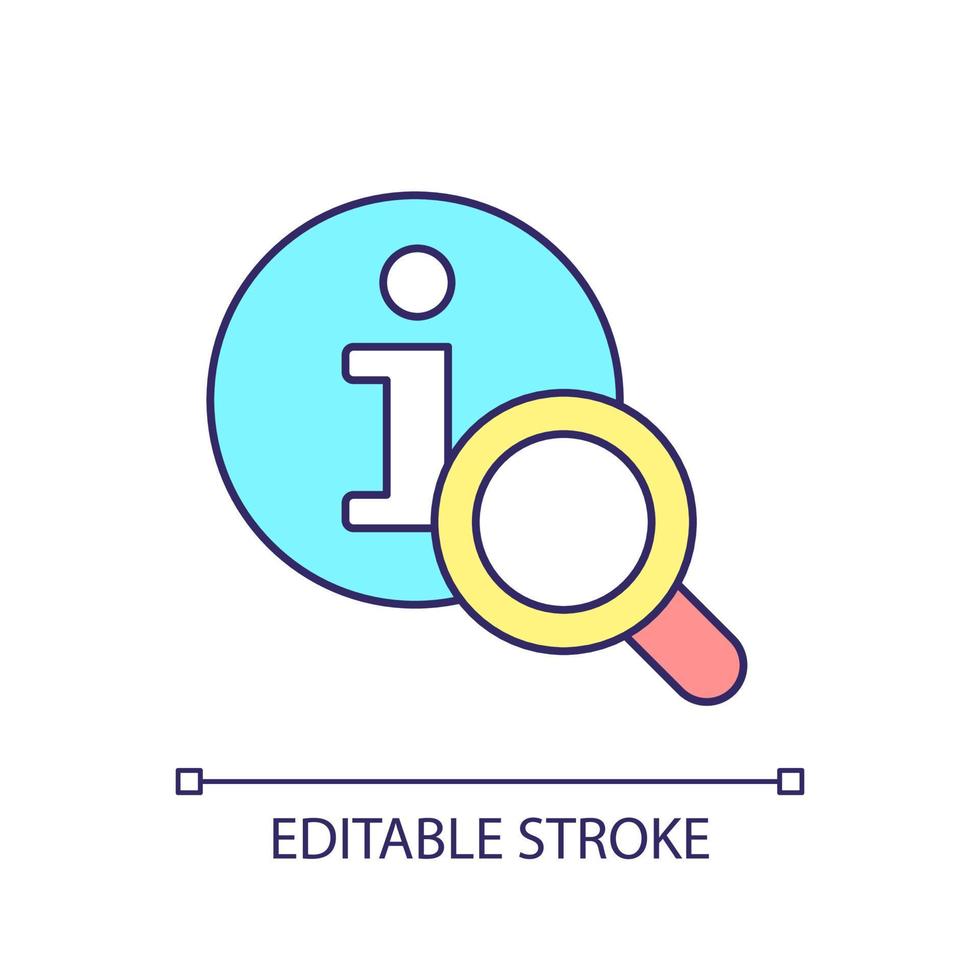 Search for information RGB color icon. Finding resources. Looking for facts and fragments on internet. Isolated vector illustration. Simple filled line drawing. Editable stroke.