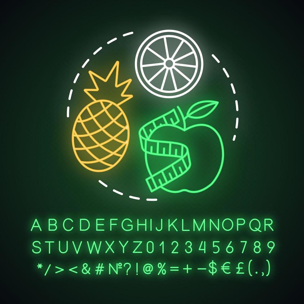 Icono de concepto de luz de neón de dieta fruitariana. idea de estilo de vida vegano. signo brillante con alfabeto, números y símbolos. nutrición vegetariana. manzana fresca, piña y naranja vector ilustración aislada