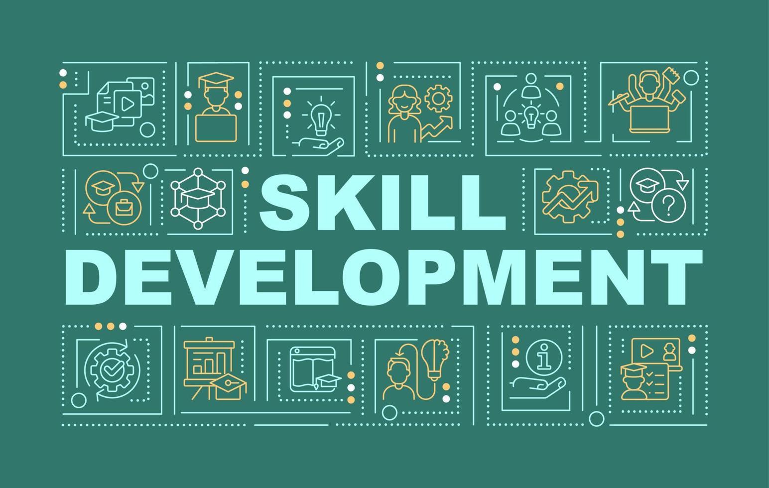 In demand skills for future word concepts dark green banner. Skilling training. Infographics with icons on color background. Isolated typography. Vector illustration with text.