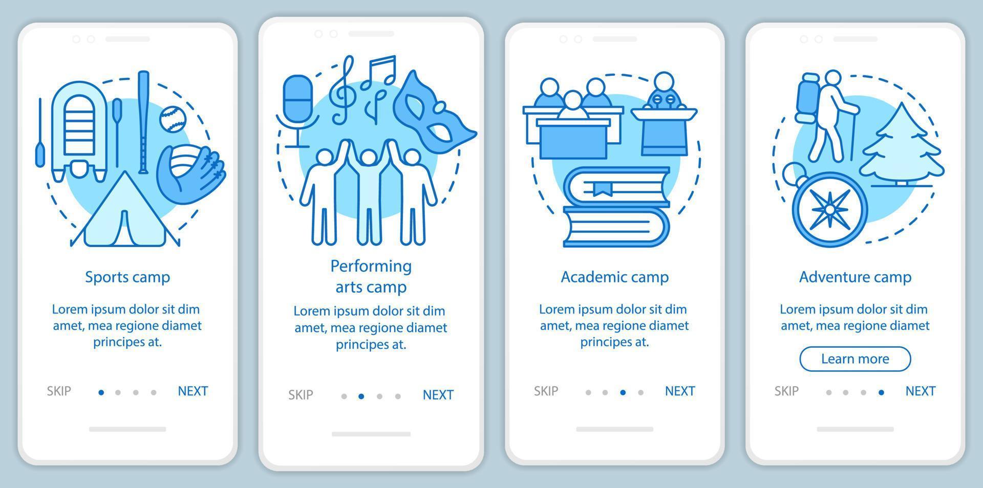 interés, campamentos de pasatiempos que incorporan la pantalla de la página de la aplicación móvil con conceptos lineales. club de talentos, instrucciones gráficas de los pasos del recorrido de la comunidad. ux, ui, plantilla vectorial gui con ilustraciones vector