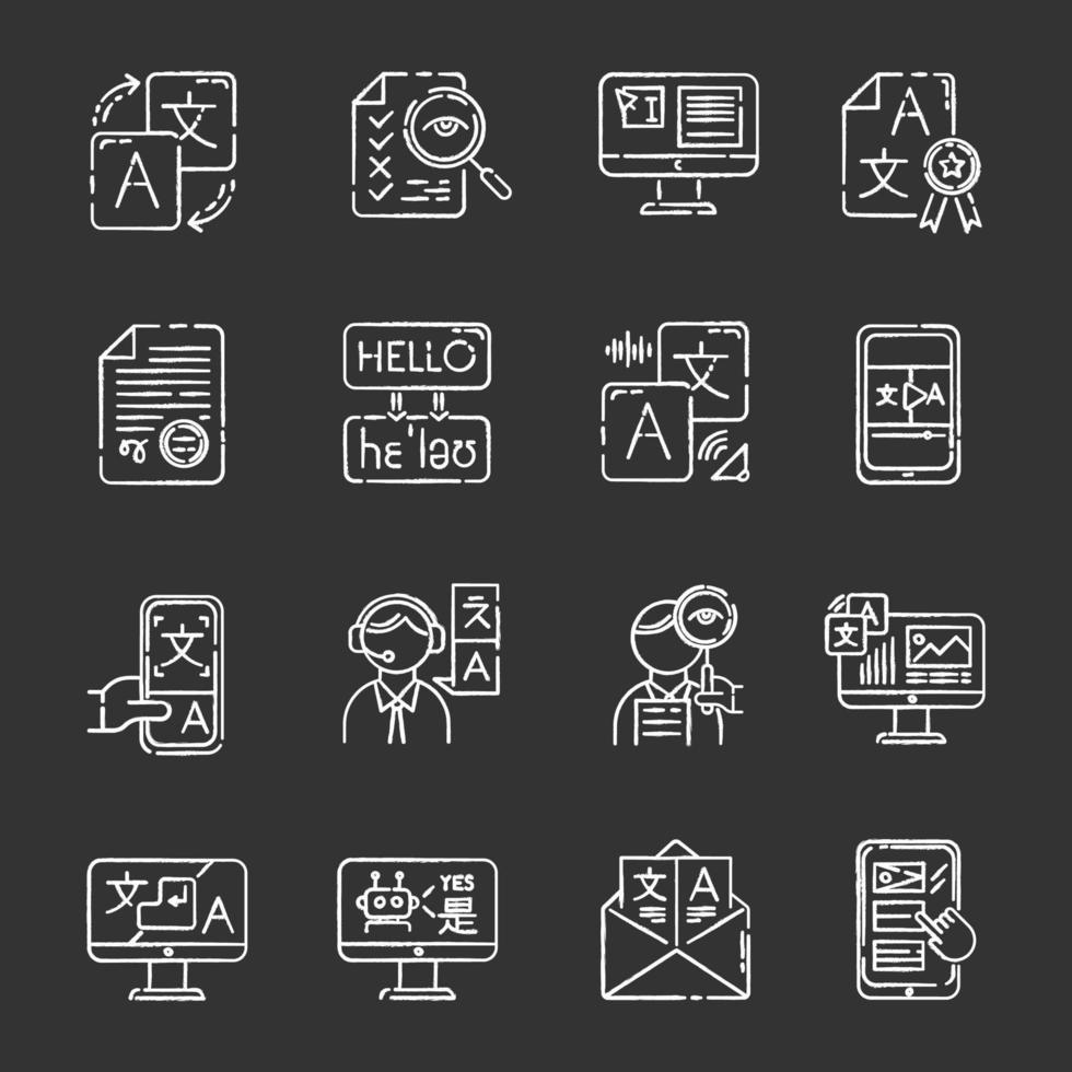 Language translation service chalk icons set. Instant online translation. Audio, video interpretation. Multilingual app, chatbot. Transcription, proofreading. Isolated vector chalkboard illustrations