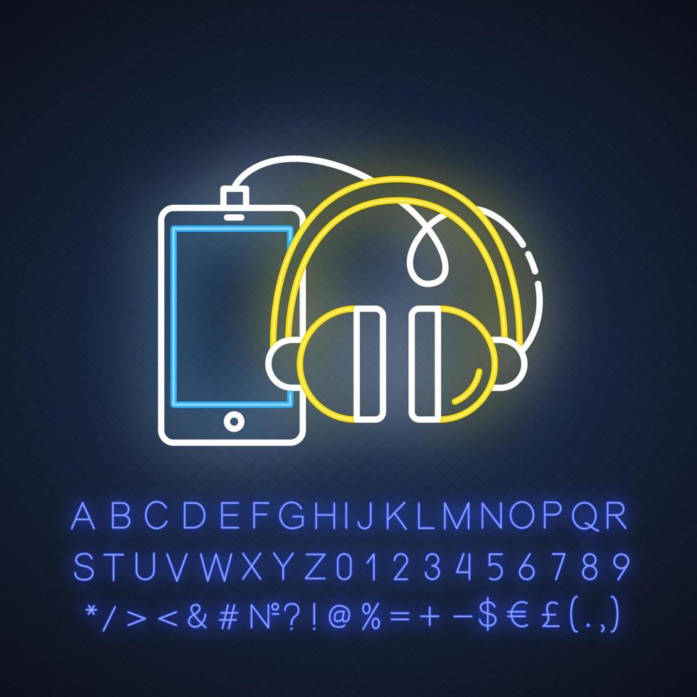Phones and accessories neon light icon. Smartphone and headphones. E commerce department, online shopping categories. Glowing sign with alphabet, numbers and symbols. Vector isolated illustration