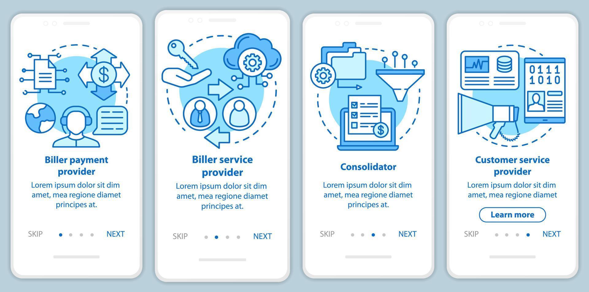 servicios de facturación que incorporan la pantalla de la página de la aplicación móvil con conceptos lineales. pago del facturador, proveedor de asesoramiento. instrucciones gráficas de cuatro pasos de recorrido. ux, ui, plantilla vectorial gui con ilustraciones vector