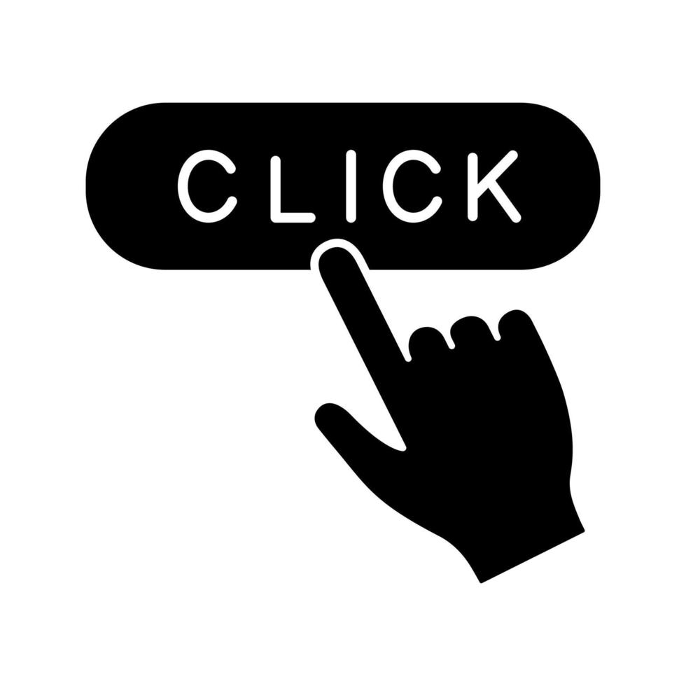 Click button glyph icon. Webpage navigation. Hand pressing button. Silhouette symbol. Negative space. Vector isolated illustration
