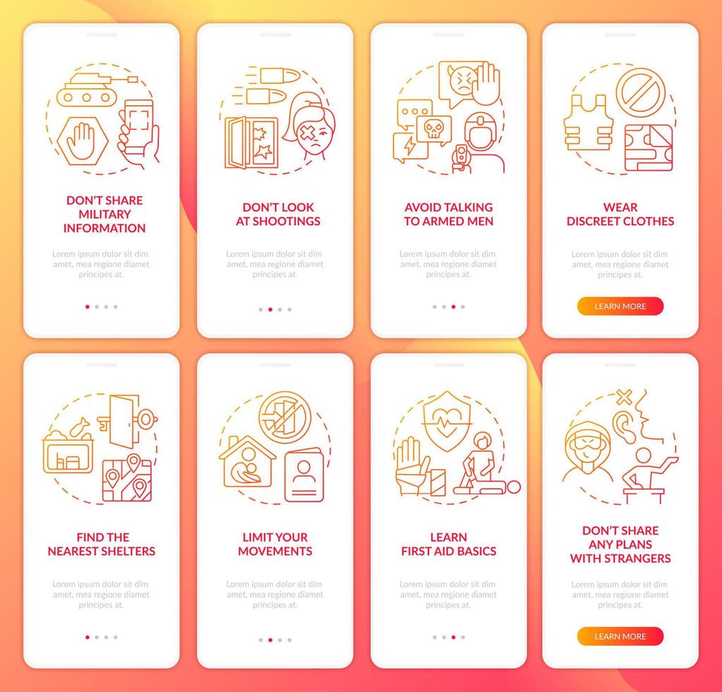 Actions at war conflict red gradient onboarding mobile app screen set. Walkthrough 4 steps graphic instructions pages with linear concepts. UI, UX, GUI template. vector