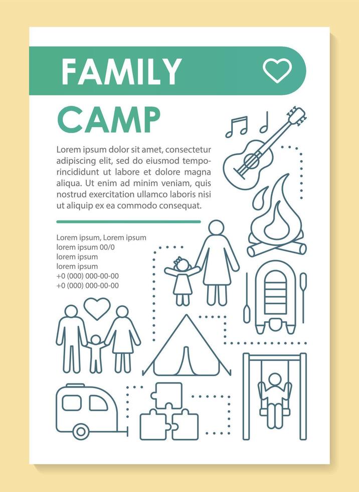 país, diseño de plantilla de folleto de viaje de campamento familiar al aire libre. folleto, folleto, diseño de impresión de folleto con ilustraciones lineales. diseños de páginas vectoriales para revistas, informes anuales, carteles publicitarios vector