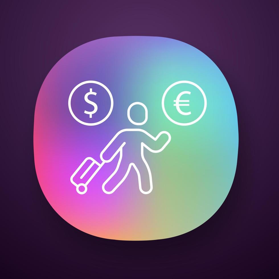 Economic migrant app icon. Person searching new home. Business immigrant. Refugee with luggage. Travelling abroad. UI UX user interface. Web or mobile application. Vector isolated illustration