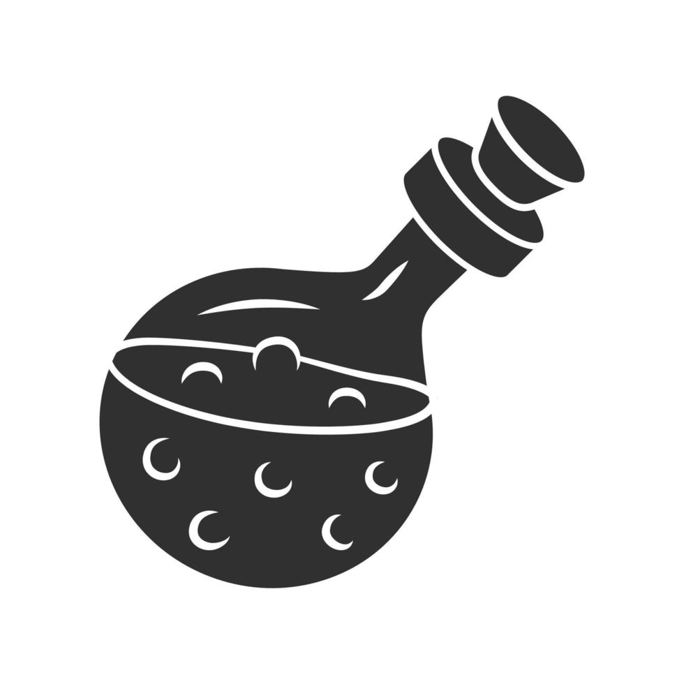 Magic potion bottle glyph icon. Silhouette symbol. Alchemy and apothecary liquid. Magical elixir, drink, wizard poison in glass flask. Occultism witchcraft spell. Vector isolated illustration