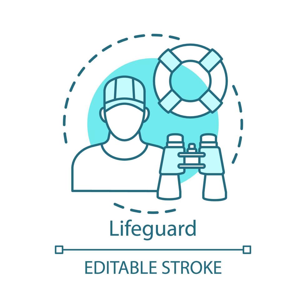 Lifeguard concept icon. Professional rescuer idea thin line illustration. Summer part time job. Lifeguard equipment, ring buoy, binoculars. Vector isolated outline drawing. Editable stroke