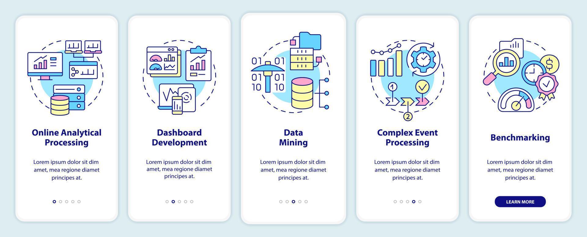 tecnologías de inteligencia empresarial que incorporan la pantalla de la aplicación móvil. tutorial 5 pasos páginas de instrucciones gráficas con conceptos lineales. interfaz de usuario, ux, plantilla de interfaz gráfica de usuario. vector