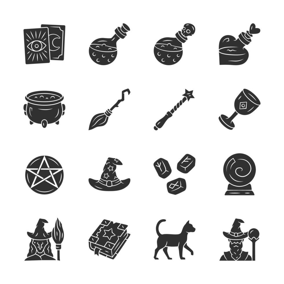 Magic glyph icons set. Witchcraft, sorcery Halloween item. Occult, gypsy mystic rituals tools. Fortune telling, divination. Superstitions predictions. Silhouette symbol. Vector isolated illustration