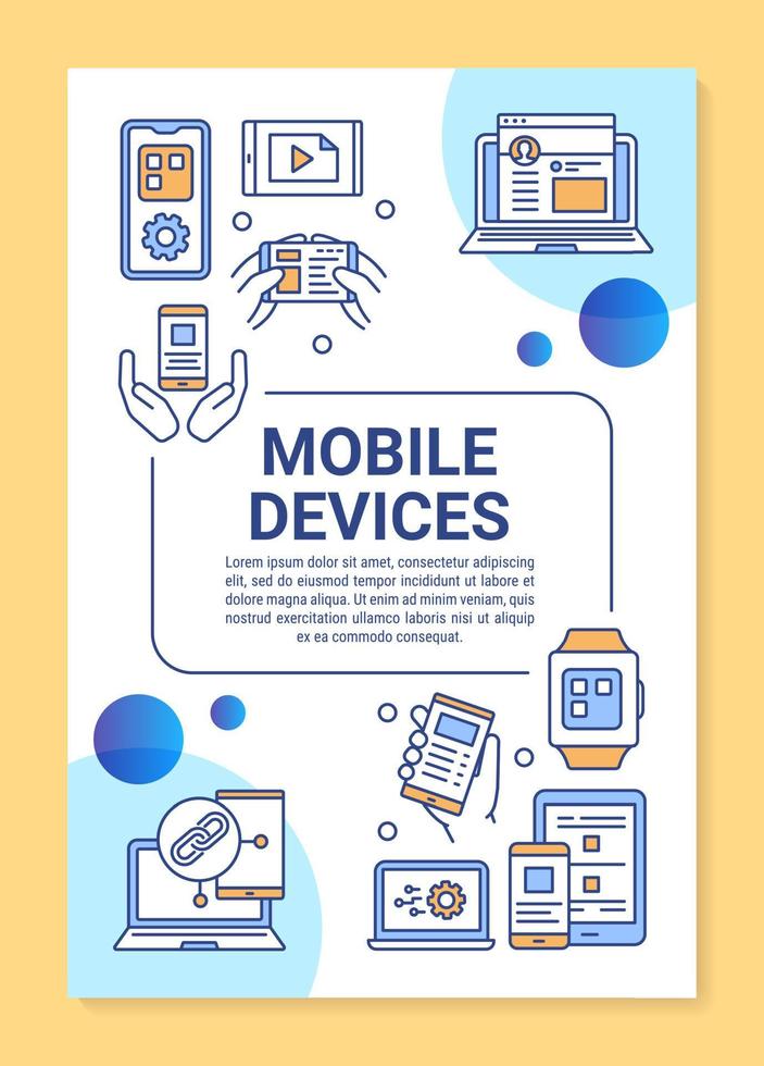 Mobile devices poster template layout. Smartphone and tablet. Mobile app development. Banner, booklet, leaflet print design, linear icons. Vector brochure page layout for magazines, advertising flyers