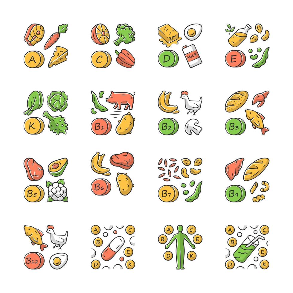 Vitamins color icons set. A, C, D, E, K, B natural food source. Vitamin pill, complex, cocktail. Fruits and vegetables. Proper nutrition. Minerals, antioxidants. Isolated vector illustrations