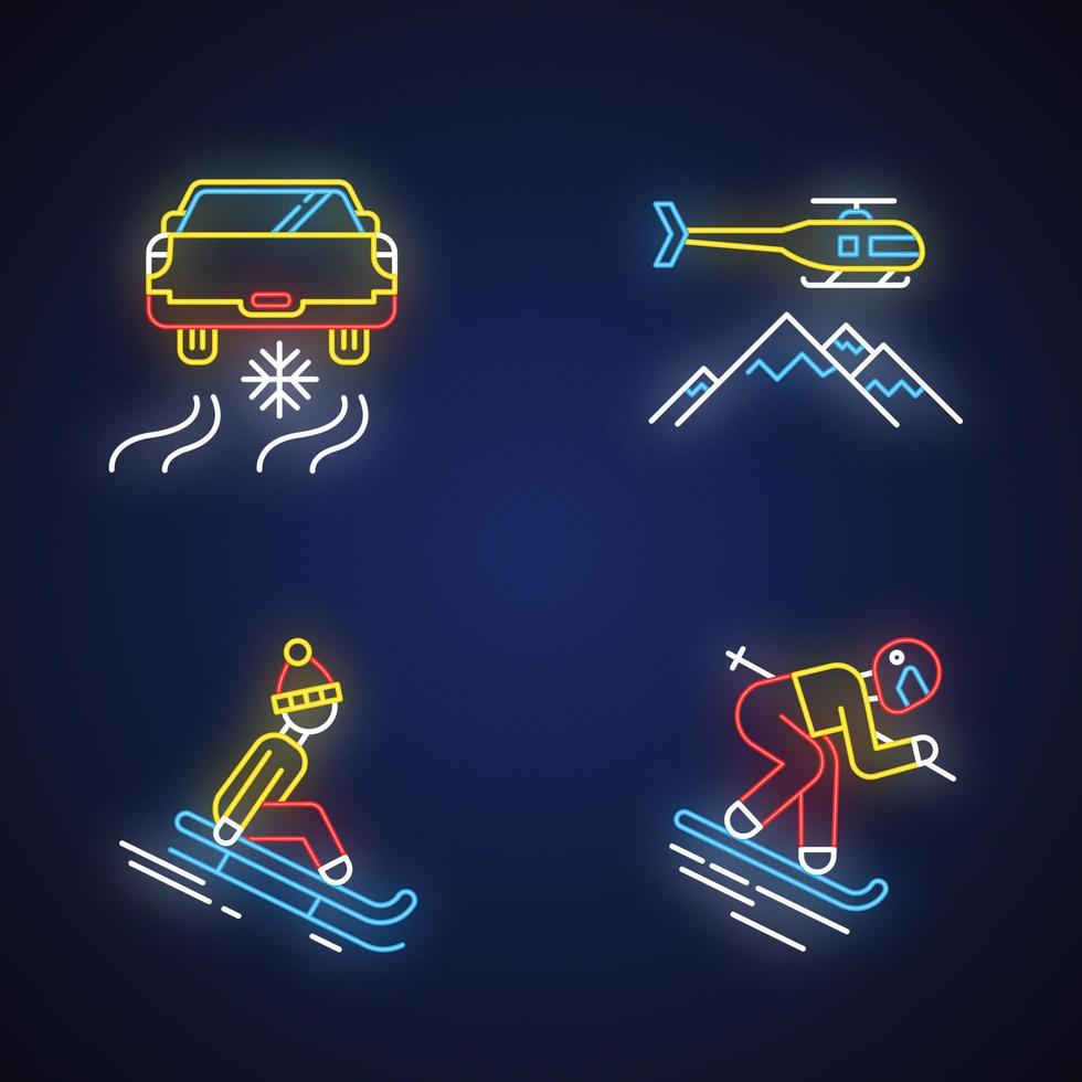 conjunto de iconos de luz de neón de actividad de invierno extremo. afición al deporte de riesgo, aventura. Ocio y recreación al aire libre en temporada de frío. conducción sobre hielo, heliski. signos brillantes. Ilustraciones de vectores aislados