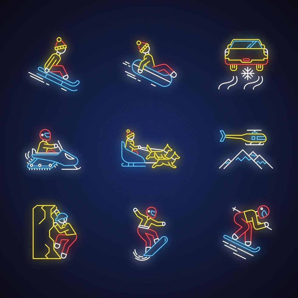 Extreme winter activity neon light icons set. Risky sport, adventure. Cold season outdoor leisure. Snowmobiling, ice climbing, sledding, snow tubing. Glowing signs. Vector isolated illustrations