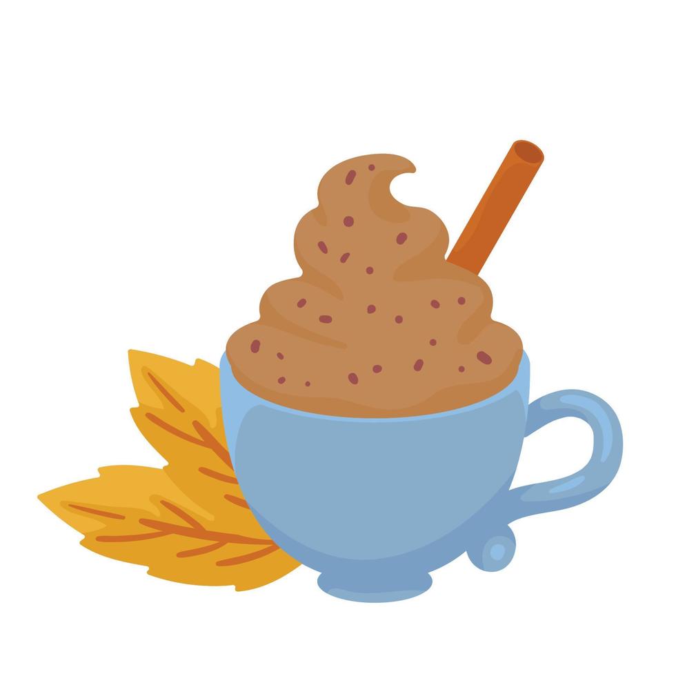 taza de café helado y hojas de otoño vector