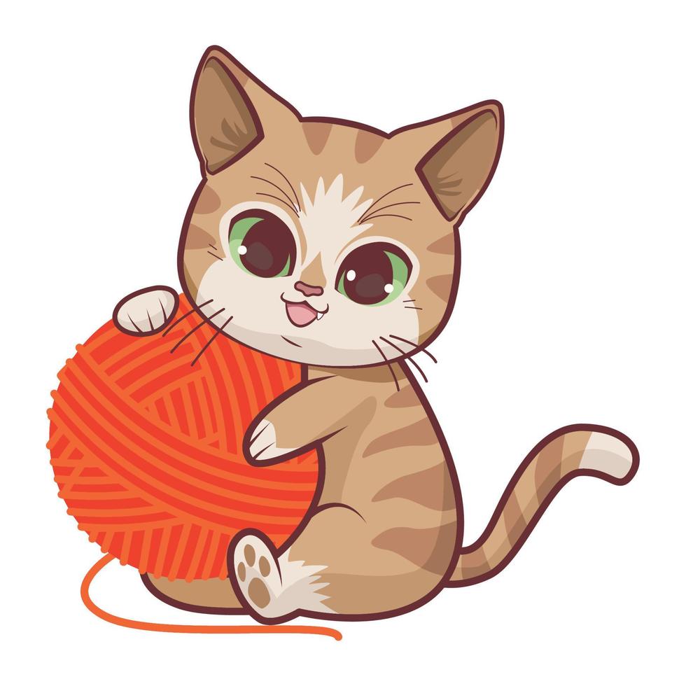 cute cat with ball of yarn vector