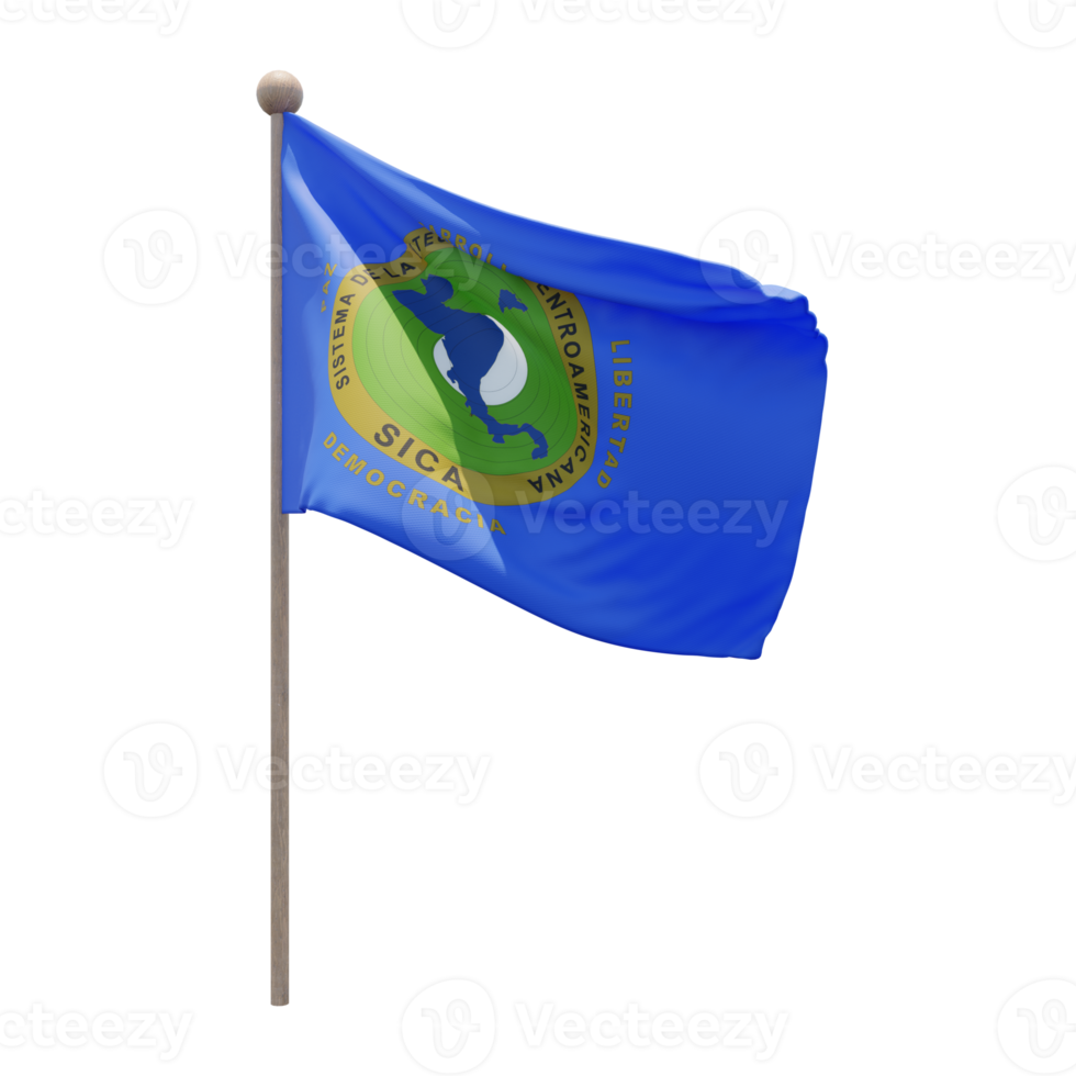 Central American Integration System 3d illustration flag on pole. Wood flagpole png