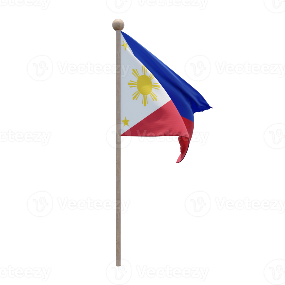 Philippines 3d illustration flag on pole. Wood flagpole png