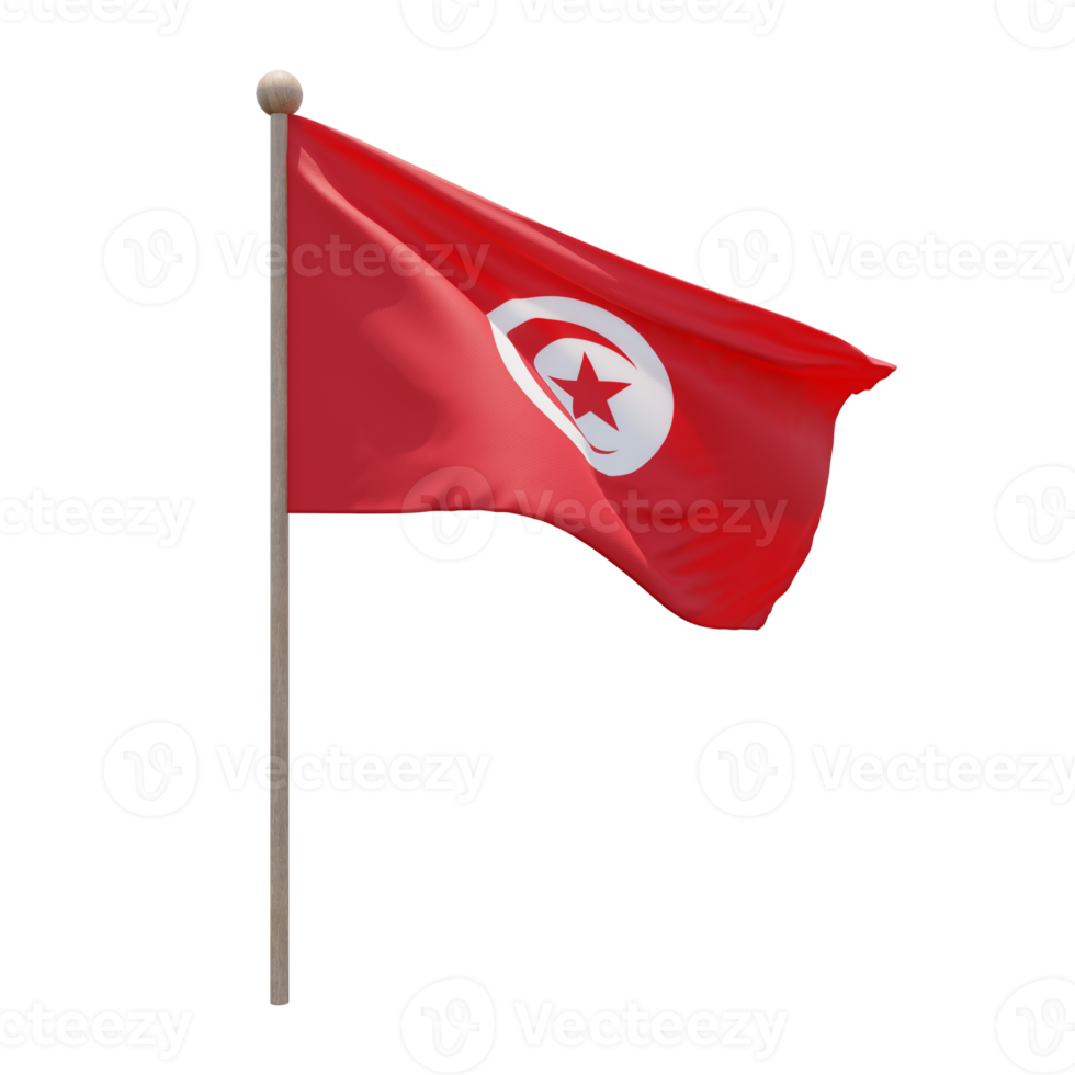 Tunisia 3d illustration flag on pole. Wood flagpole png