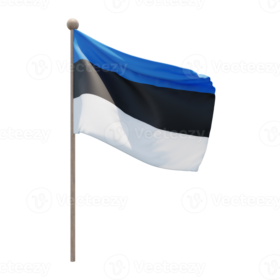 Estonia 3d illustration flag on pole. Wood flagpole png