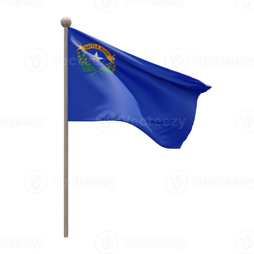 Nevada 3d illustration flag on pole. Wood flagpole png