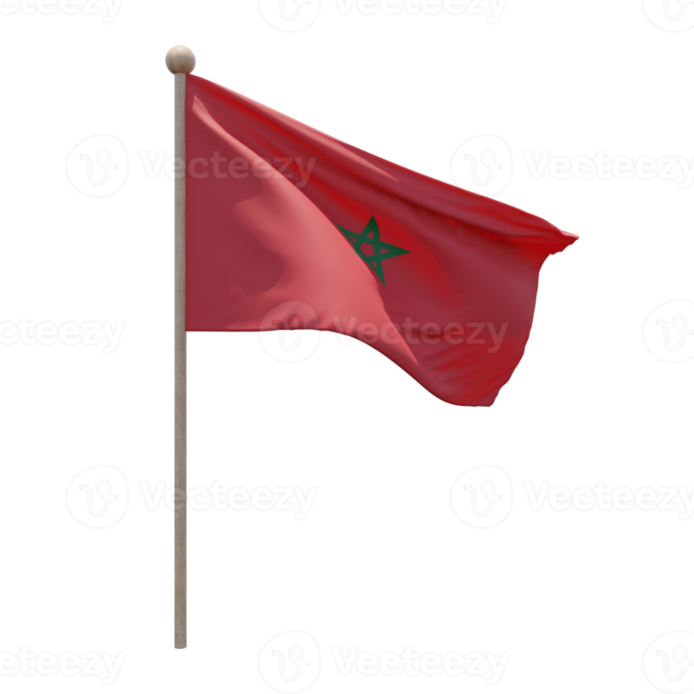 Morocco 3d illustration flag on pole. Wood flagpole png
