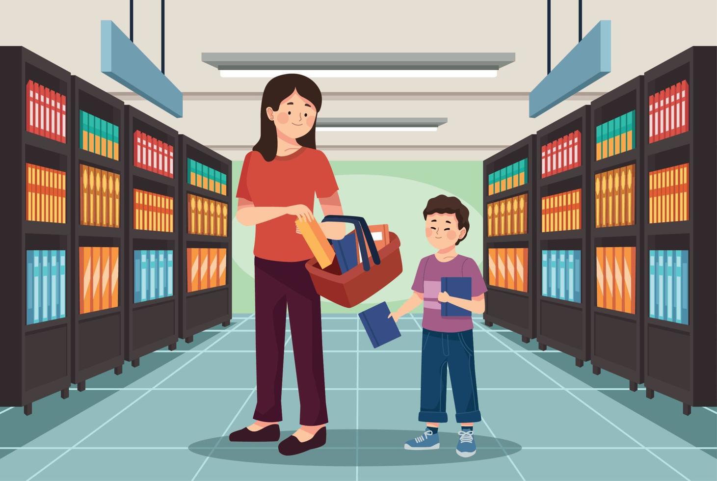 madre e hijo comprando suministros vector