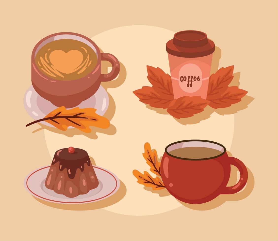 cuatro iconos de día de otoño de café vector