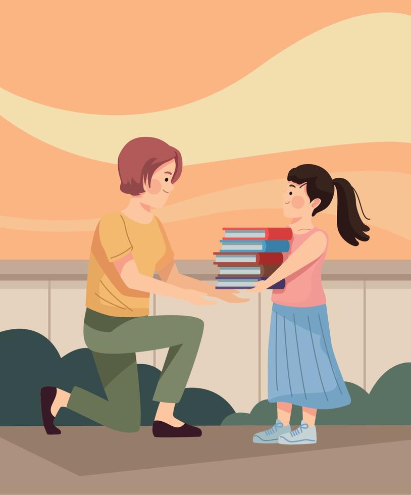 mom with daughter and books vector