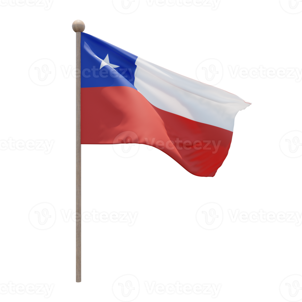 Chile 3D-Darstellung Flagge auf der Stange. Fahnenmast aus Holz png