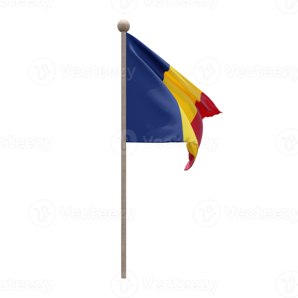 Chad 3d illustration flag on pole. Wood flagpole png